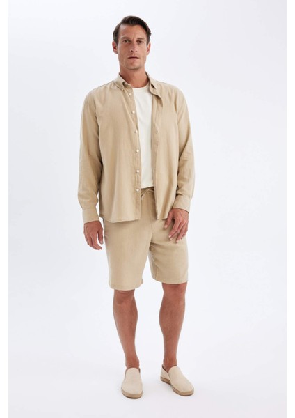 Relax Fit Polo Yaka Keten Karışımlı Pamuklu Uzun Kollu Gömlek C1106AX24SM