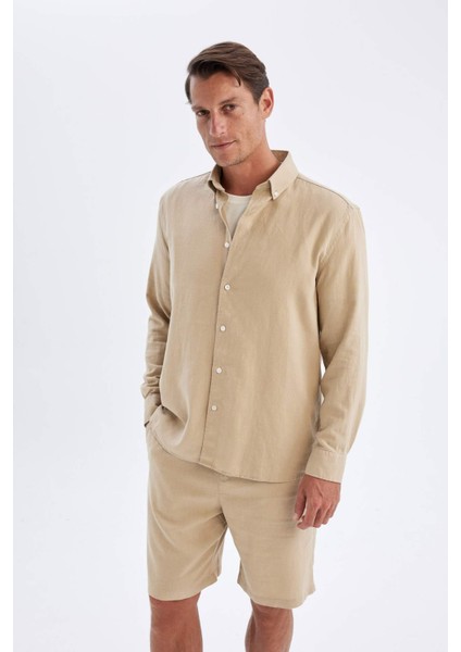 Relax Fit Polo Yaka Keten Karışımlı Pamuklu Uzun Kollu Gömlek C1106AX24SM