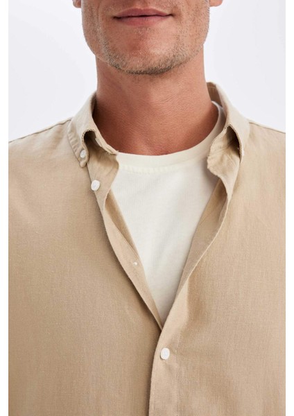 Relax Fit Polo Yaka Keten Karışımlı Pamuklu Uzun Kollu Gömlek C1106AX24SM