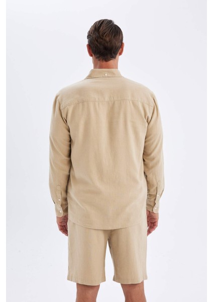 Relax Fit Polo Yaka Keten Karışımlı Pamuklu Uzun Kollu Gömlek C1106AX24SM