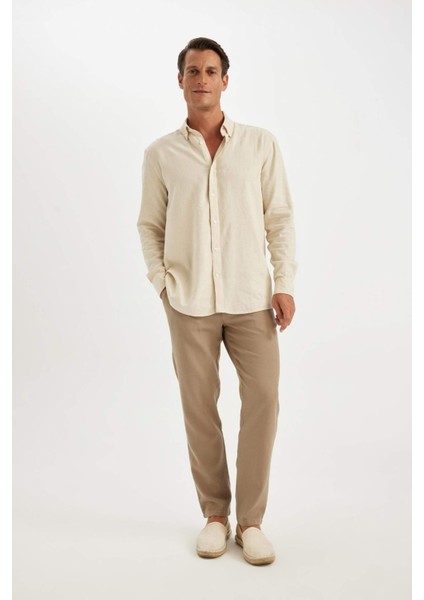 Relax Fit Polo Yaka Keten Karışımlı Pamuklu Uzun Kollu Gömlek C1106AX24SM