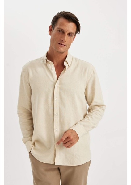 Relax Fit Polo Yaka Keten Karışımlı Pamuklu Uzun Kollu Gömlek C1106AX24SM