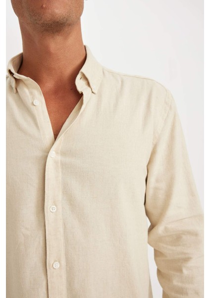 Relax Fit Polo Yaka Keten Karışımlı Pamuklu Uzun Kollu Gömlek C1106AX24SM