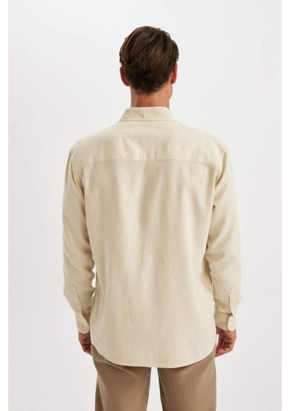 Relax Fit Polo Yaka Keten Karışımlı Pamuklu Uzun Kollu Gömlek C1106AX24SM