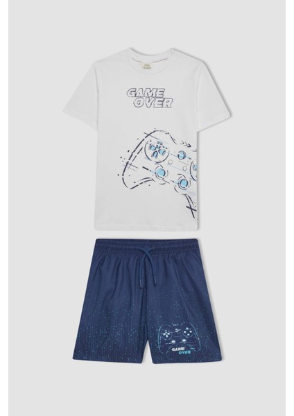 Erkek Çocuk 2'li Takım Baskılı Kısa Kollu Tişört Deniz Şortu C1395A824HS