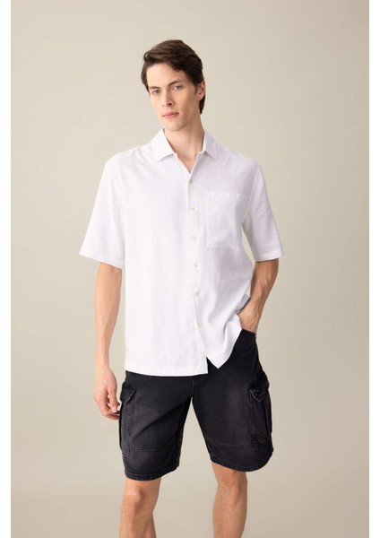 Relax Fit Yazlık Polo Yaka Keten Karışımlı Kısa Kollu Beyaz Gömlek C1110AX24SM
