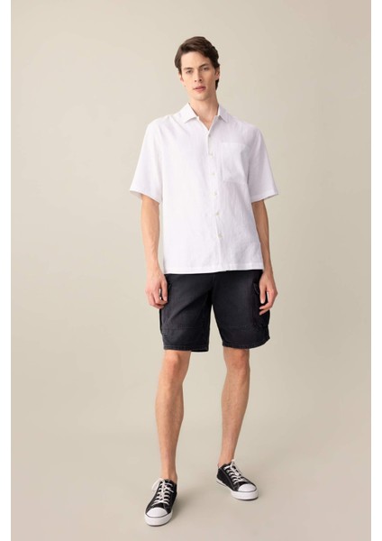 Relax Fit Yazlık Polo Yaka Keten Karışımlı Kısa Kollu Beyaz Gömlek C1110AX24SM