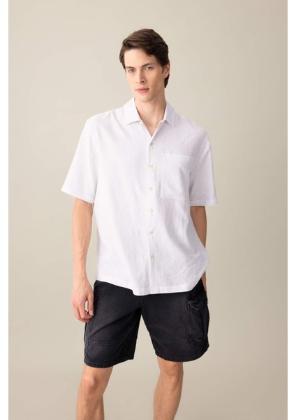 Relax Fit Yazlık Polo Yaka Keten Karışımlı Kısa Kollu Beyaz Gömlek C1110AX24SM