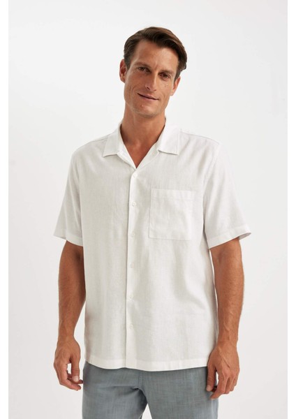 Relax Fit Yazlık Polo Yaka Keten Karışımlı Kısa Kollu Beyaz Gömlek C1110AX24SM