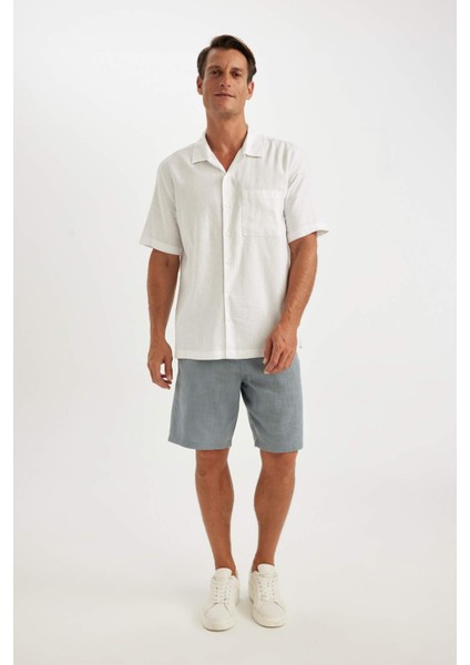 Relax Fit Yazlık Polo Yaka Keten Karışımlı Kısa Kollu Beyaz Gömlek C1110AX24SM