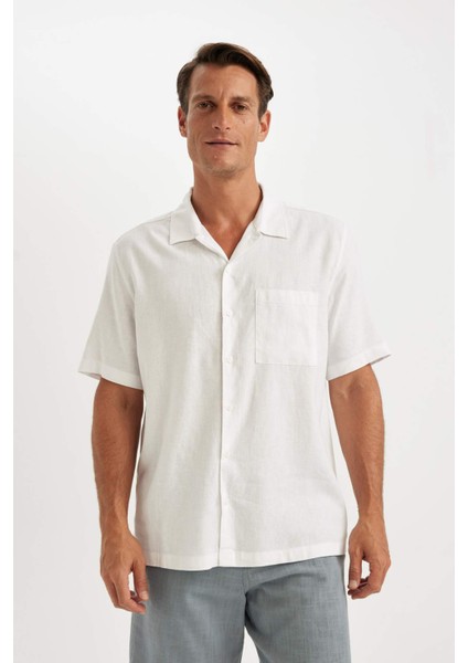 Relax Fit Yazlık Polo Yaka Keten Karışımlı Kısa Kollu Beyaz Gömlek C1110AX24SM