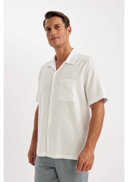 Relax Fit Yazlık Polo Yaka Keten Karışımlı Kısa Kollu Beyaz Gömlek C1110AX24SM