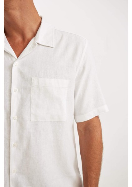 Relax Fit Yazlık Polo Yaka Keten Karışımlı Kısa Kollu Beyaz Gömlek C1110AX24SM