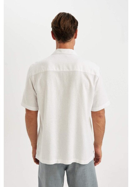 Relax Fit Yazlık Polo Yaka Keten Karışımlı Kısa Kollu Beyaz Gömlek C1110AX24SM