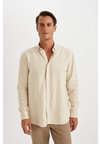 Relax Fit Polo Yaka Keten Karışımlı Pamuklu Uzun Kollu Gömlek C1106AX24SM