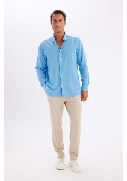 Relax Fit Polo Yaka Keten Karışımlı Pamuklu Uzun Kollu Gömlek C1106AX24SM