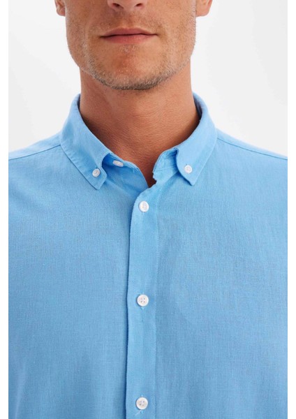 Relax Fit Polo Yaka Keten Karışımlı Pamuklu Uzun Kollu Gömlek C1106AX24SM
