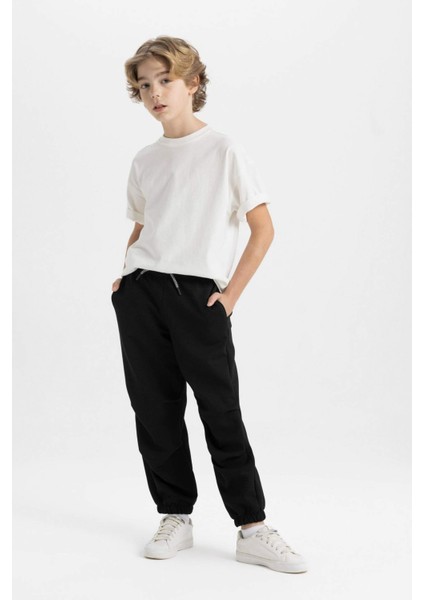 Erkek Çocuk Siyah Beli Paçası Lastikli Cepli Basic Düz Jogger Eşofman Altı C2093A824SP