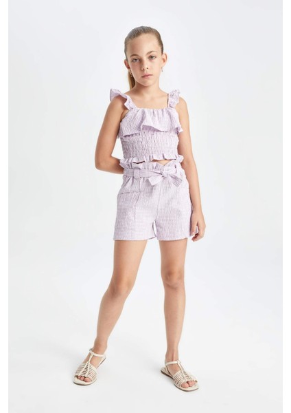 Kız Çocuk Kareli Paperbag Şort