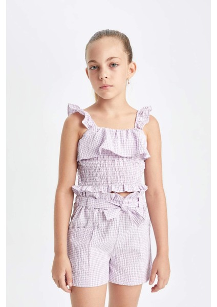 Kız Çocuk Kareli Paperbag Şort