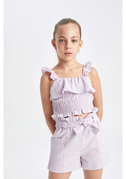 Kız Çocuk Kareli Paperbag Şort