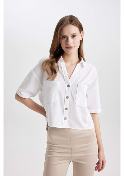 Boxy Fit Keten Karışımlı Kısa Kollu Gömlek V2523AZ24SM