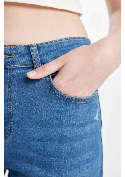 Yüksek Bel Katlamalı Paça Jean Şort B9195AX24SM