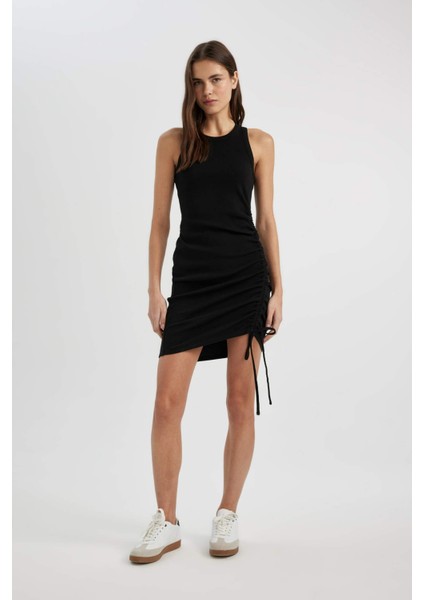 Bodycon Vücudu Saran Yuvarlak Yaka Fitilli Kaşkorse Kolsuz Mini Elbise B9613AX24SM