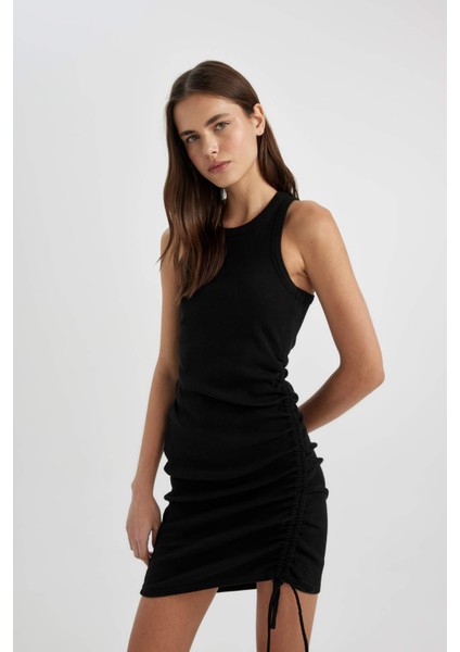 Bodycon Vücudu Saran Yuvarlak Yaka Fitilli Kaşkorse Kolsuz Mini Elbise B9613AX24SM