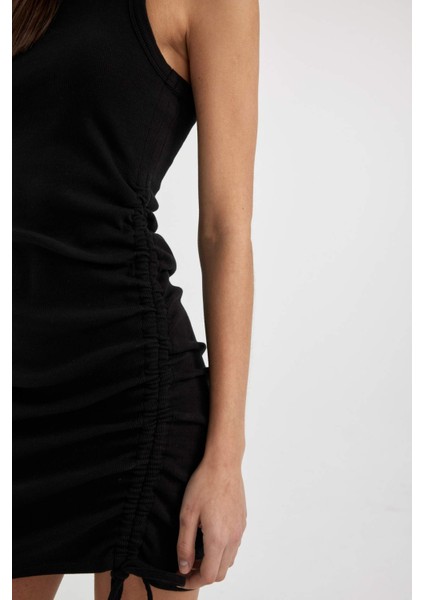 Bodycon Vücudu Saran Yuvarlak Yaka Fitilli Kaşkorse Kolsuz Mini Elbise B9613AX24SM