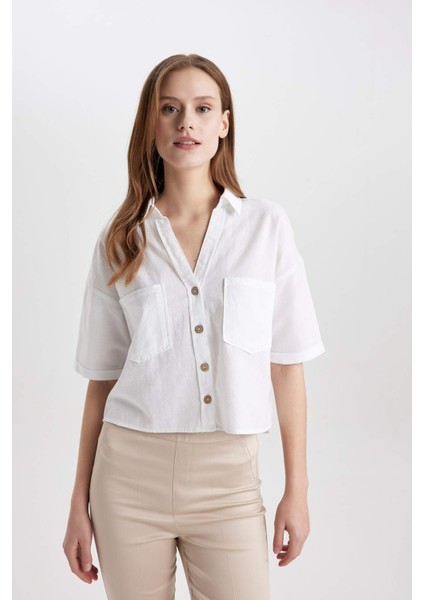 Boxy Fit Keten Karışımlı Kısa Kollu Gömlek V2523AZ24SM
