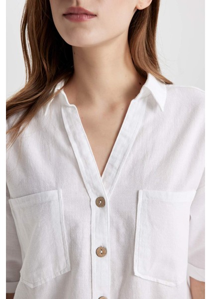 Boxy Fit Keten Karışımlı Kısa Kollu Gömlek V2523AZ24SM