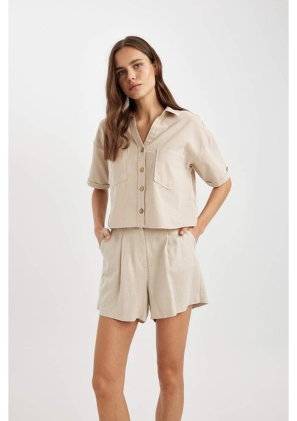 Boxy Fit Keten Karışımlı Kısa Kollu Gömlek V2523AZ24SM