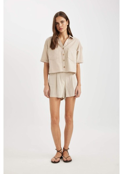 Boxy Fit Keten Karışımlı Kısa Kollu Gömlek V2523AZ24SM