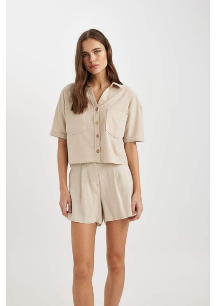 Boxy Fit Keten Karışımlı Kısa Kollu Gömlek V2523AZ24SM