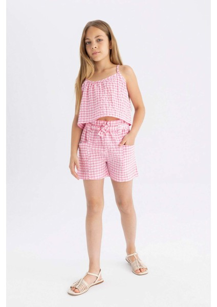 Kız Çocuk Kareli Paperbag Şort