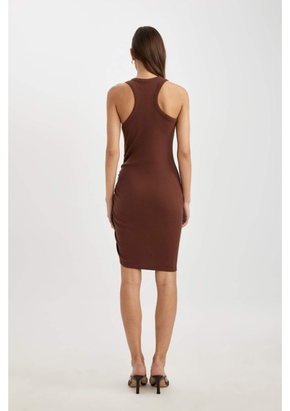 Bodycon Vücudu Saran Yuvarlak Yaka Fitilli Kaşkorse Kolsuz Mini Elbise B9613AX24SM