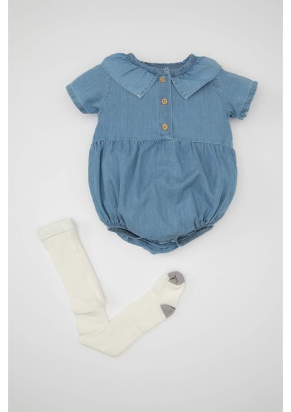Kız Bebek Yeni Doğan 2'li Takım Kısa Kollu Yumuşak Jean Tulum Külotlu Çorap C2669A524SM