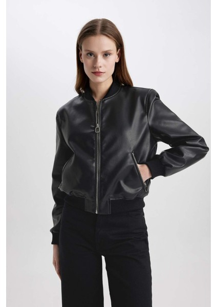 Kolej Yaka Düz Fermuarlı Cepli Suni Deri Bomber Ceket C2686AX24AU