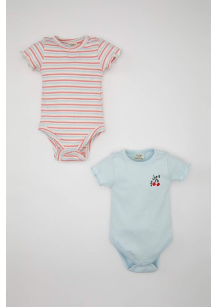 Kız Bebek Yeni Doğan Bisiklet Yaka Çizgili Fitilli Kaşkorse 2'li Kısa Kollu Çıtçıtlı Body C2546A524SM