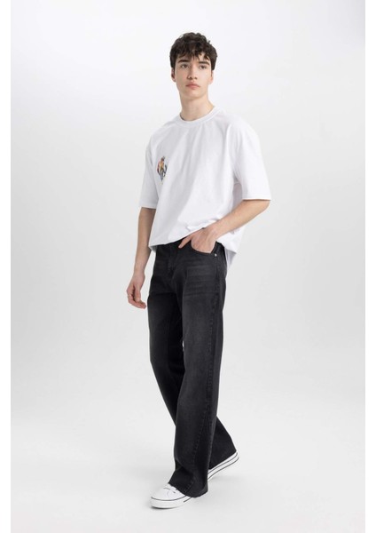 %100 Pamuk Flayer Fit Bol Kalıp Normal Bel Geniş Paça Siyah Jean Pantolon B8325AX24SM