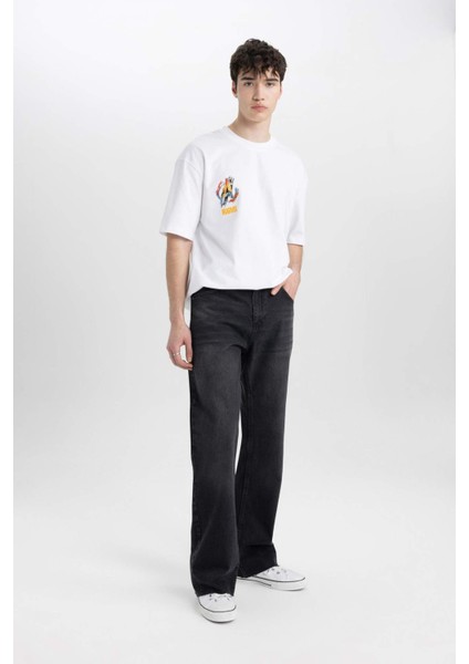 %100 Pamuk Flayer Fit Bol Kalıp Normal Bel Geniş Paça Siyah Jean Pantolon B8325AX24SM