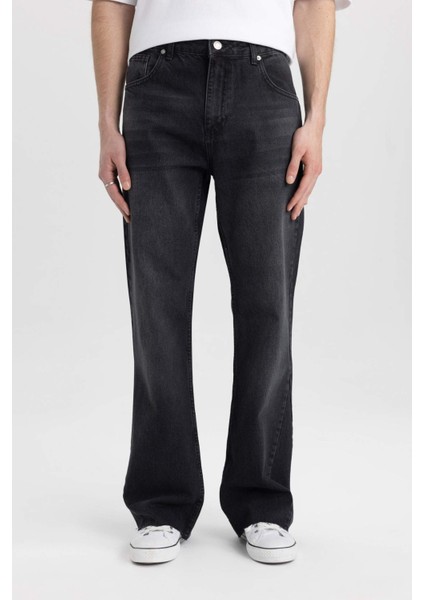 %100 Pamuk Flayer Fit Bol Kalıp Normal Bel Geniş Paça Siyah Jean Pantolon B8325AX24SM