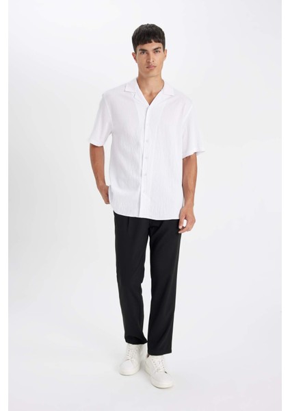Beyaz Relax Fit Rahat Kesim Polo Yaka Krinkıl Kısa Kollu Gömlek C4127AX24AU