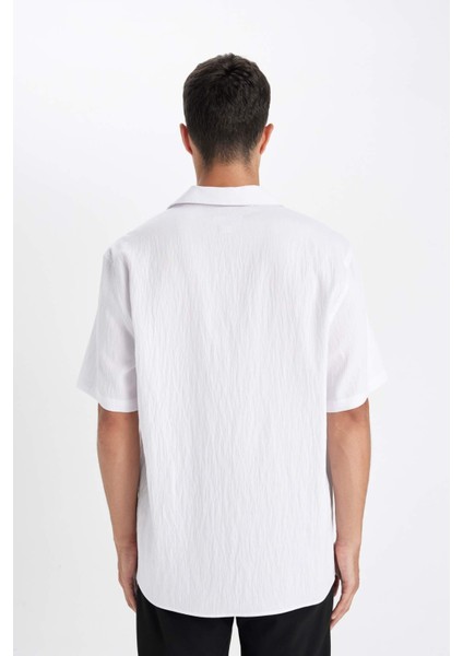 Beyaz Relax Fit Rahat Kesim Polo Yaka Krinkıl Kısa Kollu Gömlek C4127AX24AU