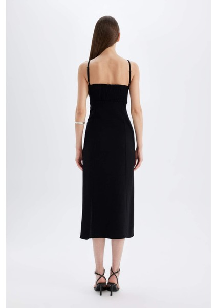 Kare Yaka Keten Karışımlı Yırtmaçlı Askılı Midi Abiye Elbise A9706AX24HS