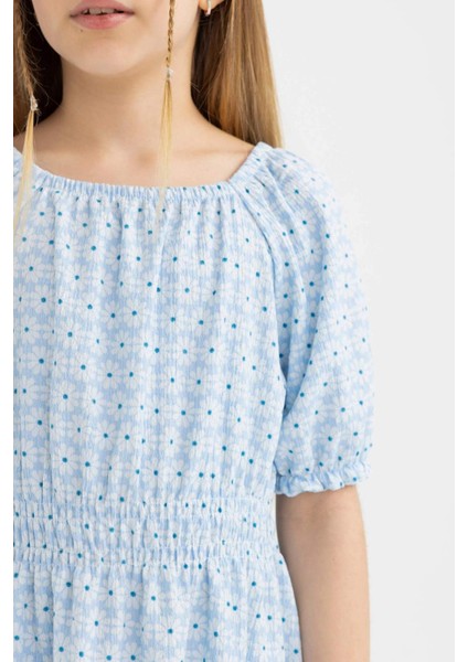 Kız Çocuk Bürümcük Desenli Kısa Kollu Elbise C2276A824SM