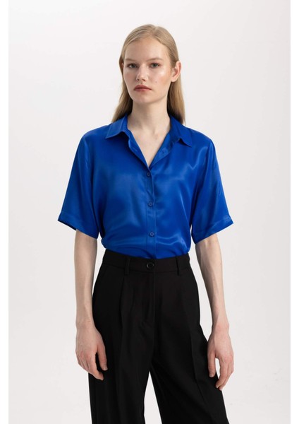 Regular Fit Saten Kısa Kollu Gömlek C3218AX24SM