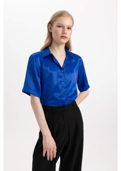 Regular Fit Saten Kısa Kollu Gömlek C3218AX24SM