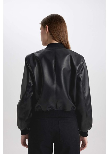 Kolej Yaka Düz Fermuarlı Cepli Suni Deri Bomber Ceket C2686AX24AU